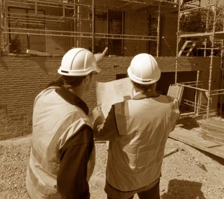 dwóch budowlańców trzymających plan budowy